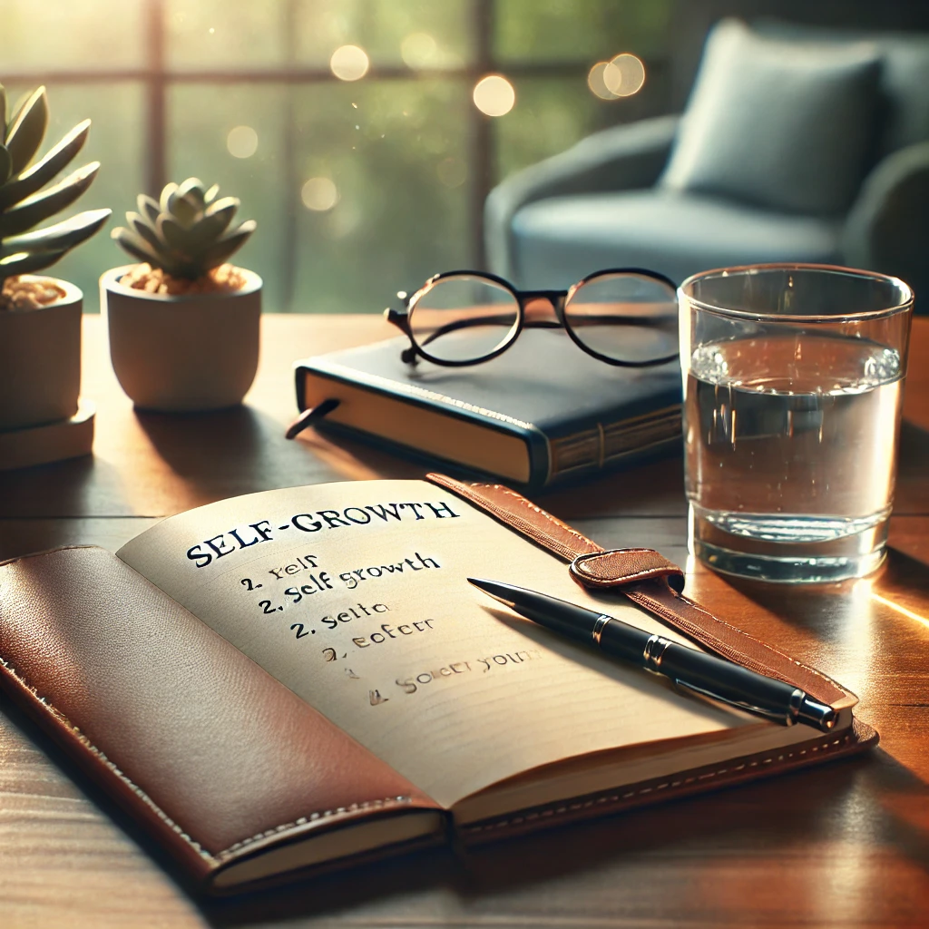 A professional workspace featuring an open journal with handwritten self-growth prompts, a sleek pen, and a glass of water on a wooden desk. Soft natural lighting and greenery in the background create a peaceful environment for productivity, mindfulness, and self-improvement. Perfect for enhancing journaling practices and personal growth.
