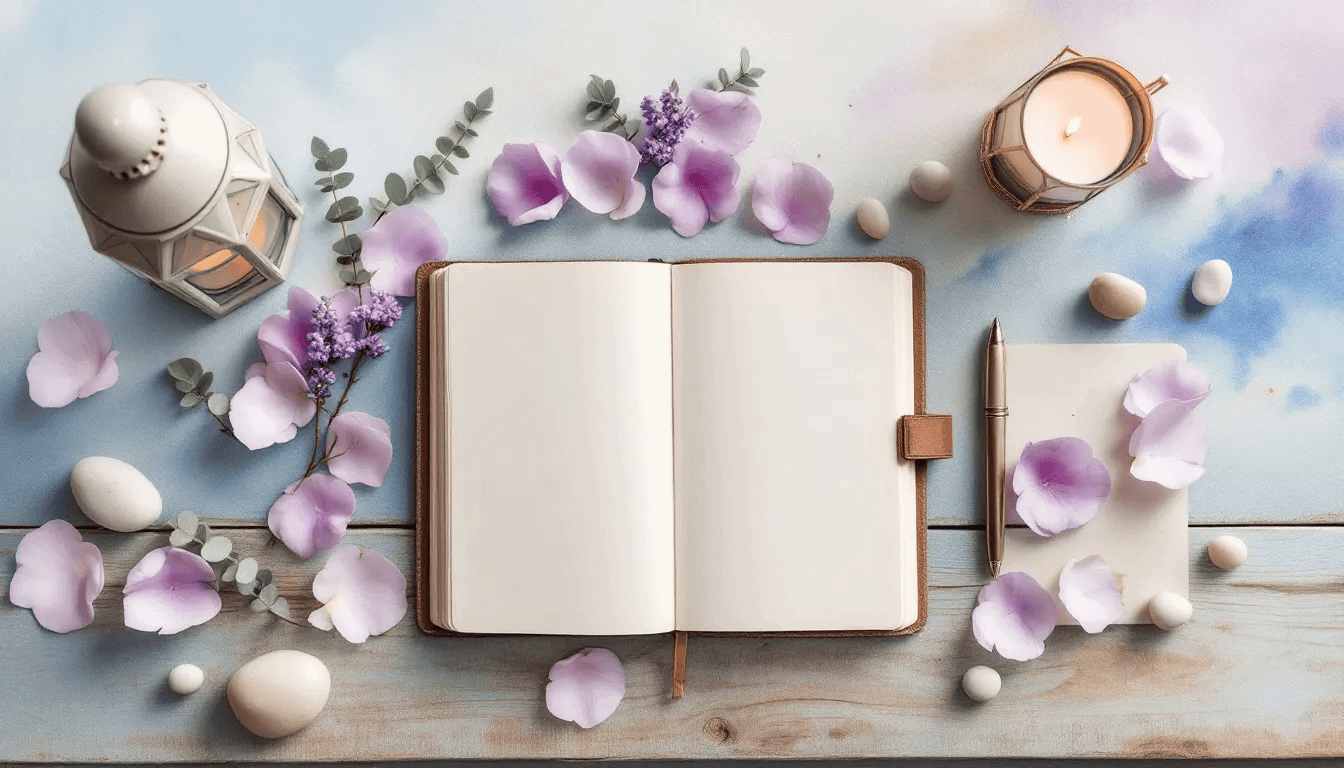 An open journal with a pen, surrounded by calming elements for personal development.