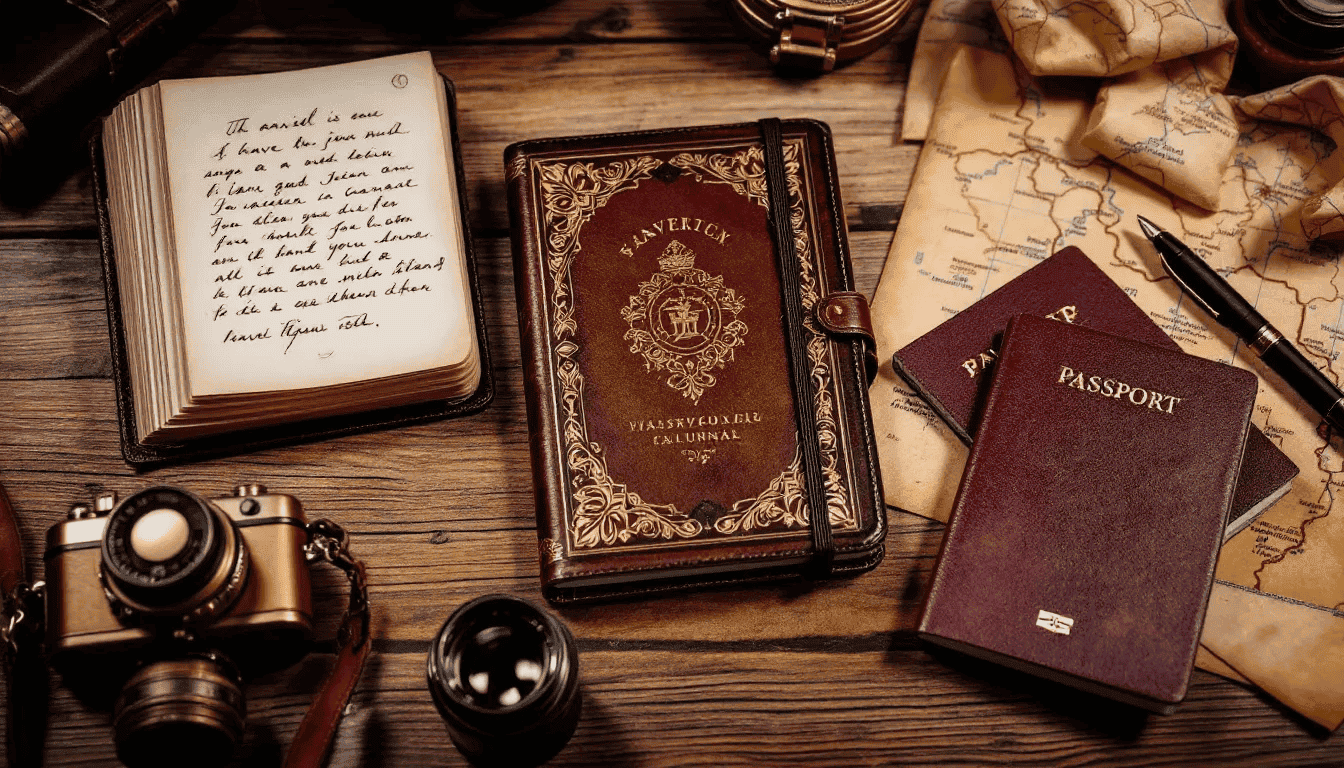 A flat lay photo showcases a leather-bound travel journal alongside a passport, pen, camera, and a map, all arranged neatly on a wooden table, inviting travelers to document their adventures and create lasting travel memories. The scene reflects the essence of travel journaling, with blank pages ready to be filled with stories and inspiration from journeys yet to come.