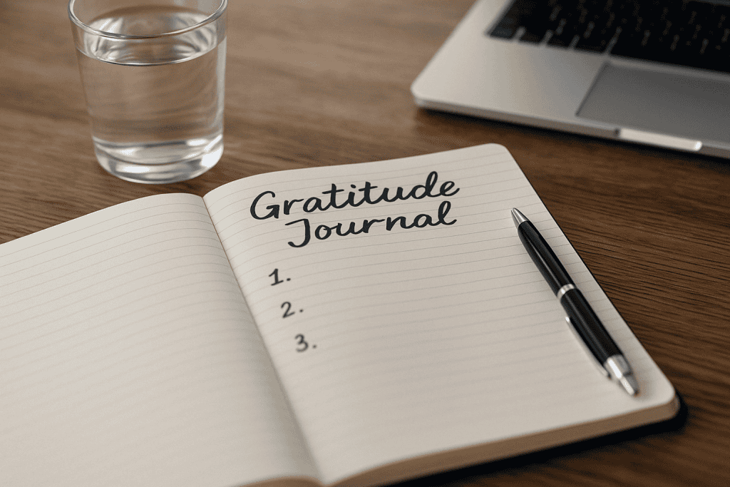 a notebook with a pen and a glass of water on a desk