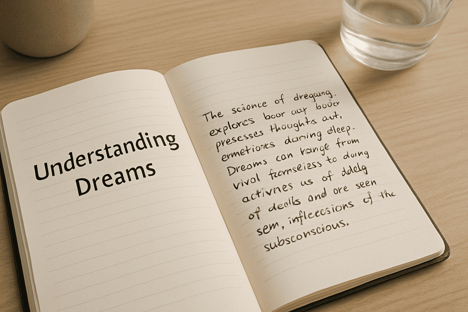 Open dream journal displaying handwritten notes on understanding dreams with a glass of water beside it, emphasizing dream journal use for exploring the subconscious.