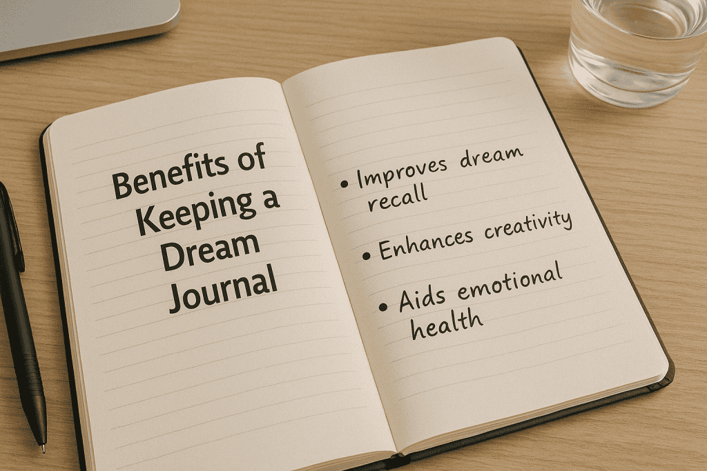 Notebook page listing benefits of using a dream journal—improved dream recall, creativity, and emotional health—beside a water glass on a tidy desk.