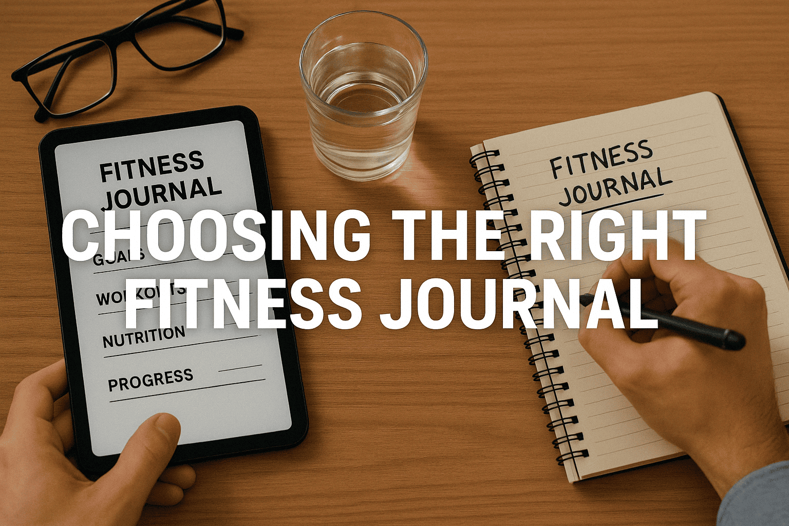 A digital tablet and a handwritten notebook titled “Fitness Journal” on a desk with a glass of water and eyeglasses, emphasizing the choice between digital and paper formats for a fitness journal.
