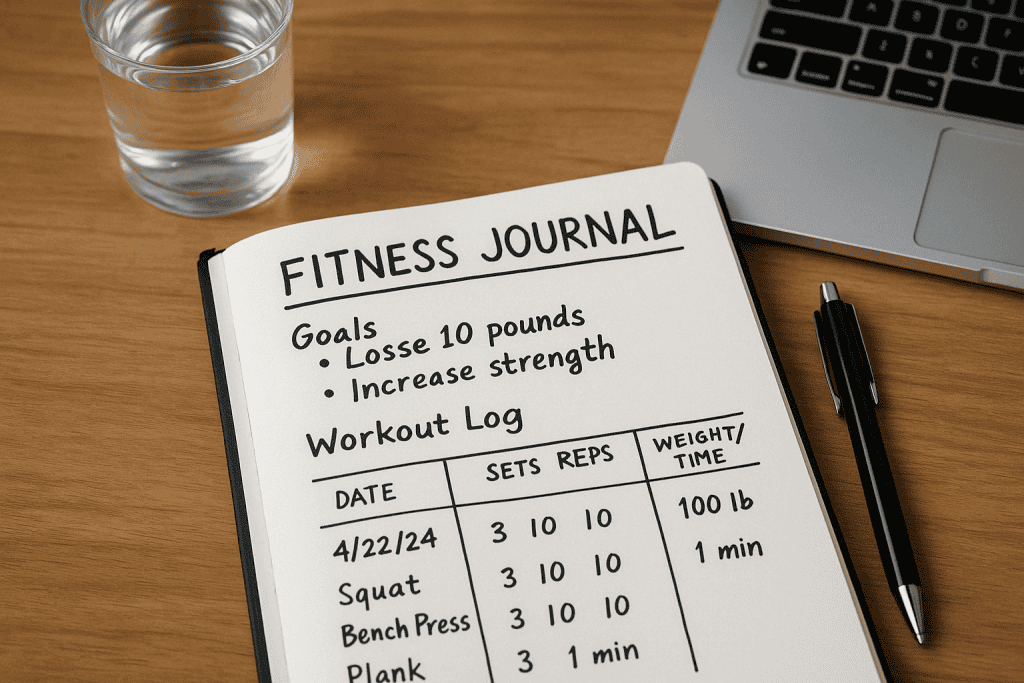 A fitness journal on a desk showing workout goals and exercise logs, next to a pen, a laptop, and a glass of water, emphasizing organized fitness tracking in a fitness journal.