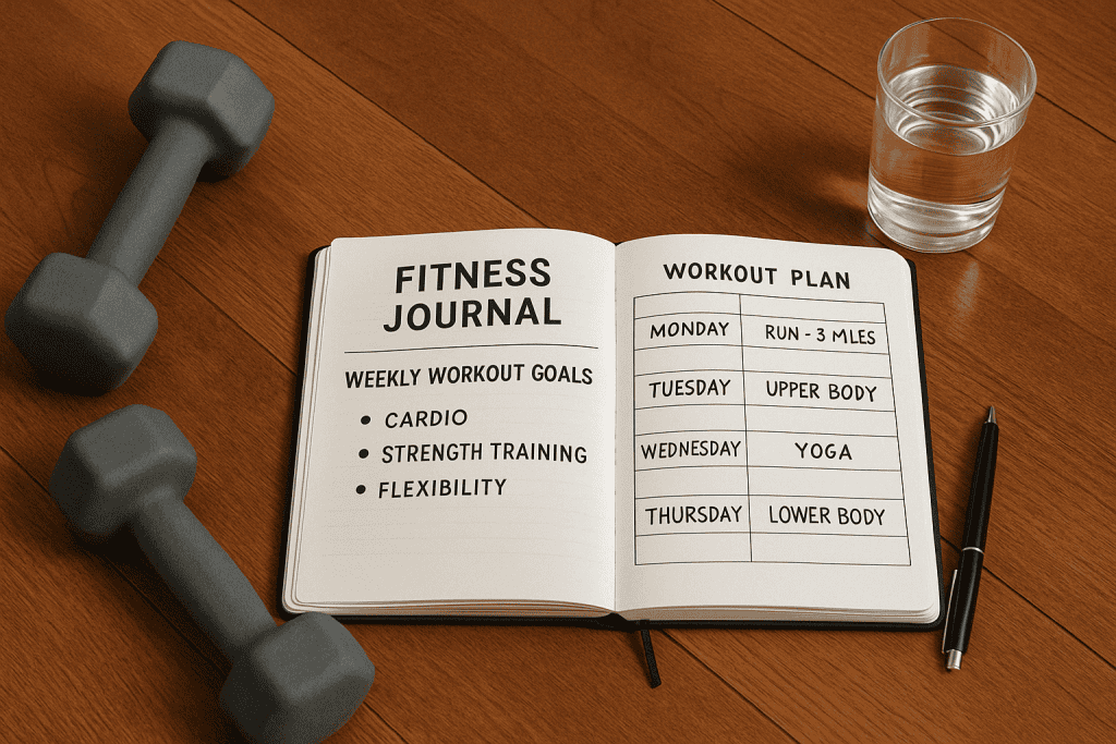 A fitness journal showing a weekly workout plan and fitness goals, placed on a wooden floor with dumbbells, a glass of water, and a pen, emphasizing structured planning in a fitness journal.