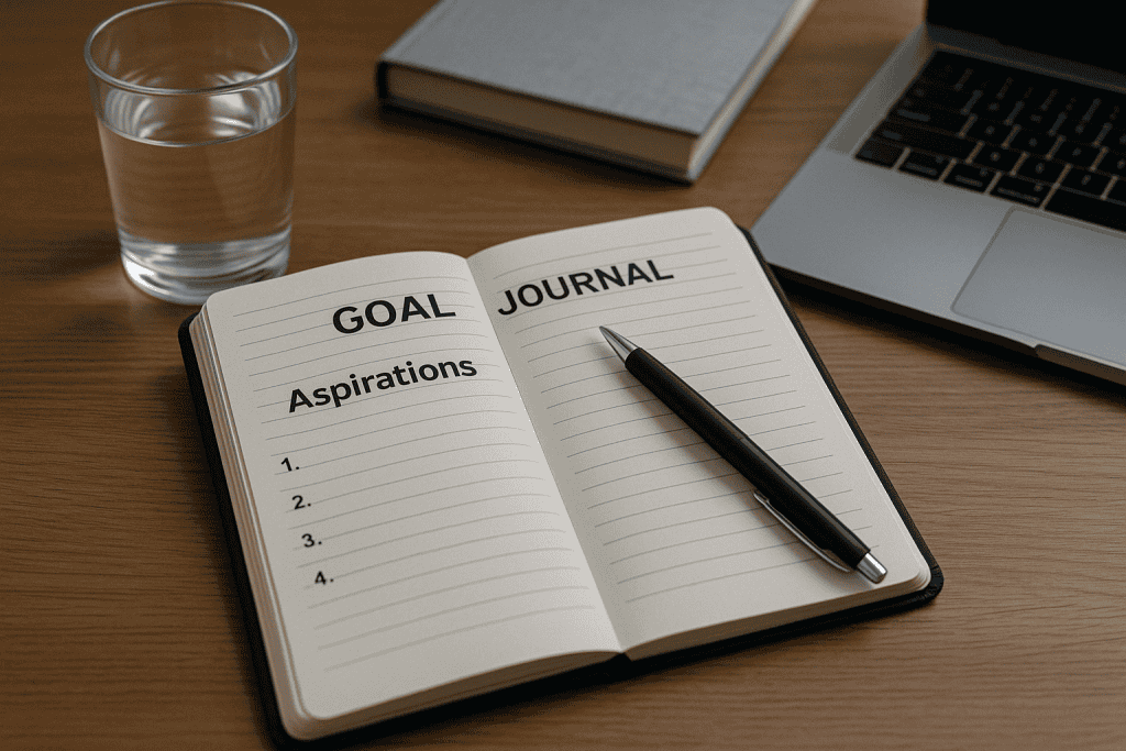 Open goal journal titled 'Aspirations' with numbered lines, a black pen, and a glass of water on a wooden desk—ideal for setting and tracking personal goals