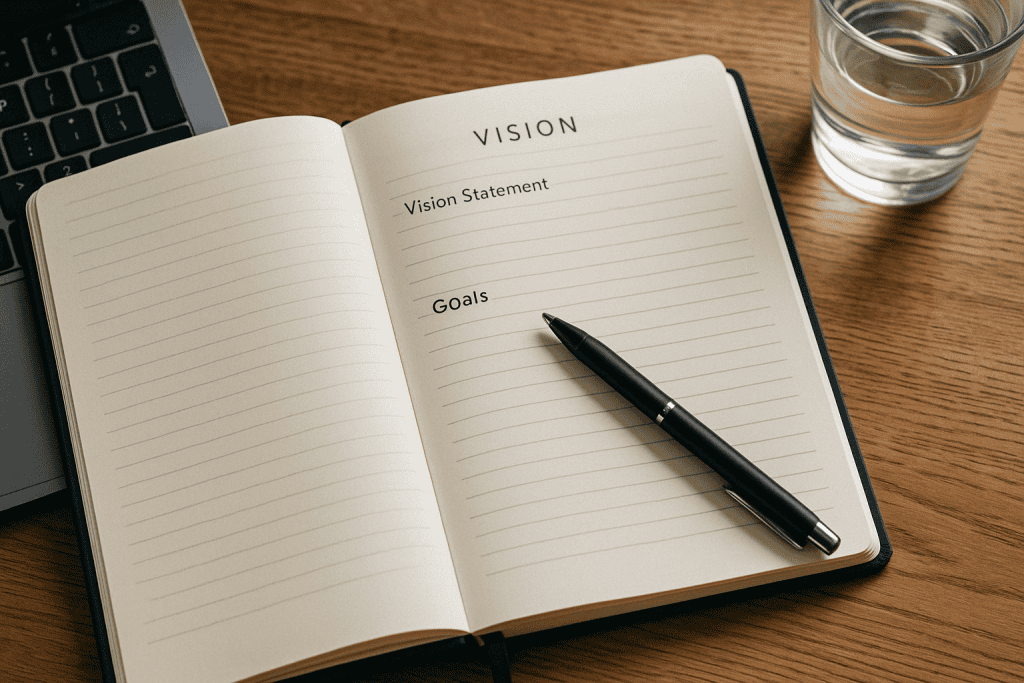 Goal journal opened to a vision statement and goals page with pen and water glass on desk—perfect for crafting a strategic goal journal layout
