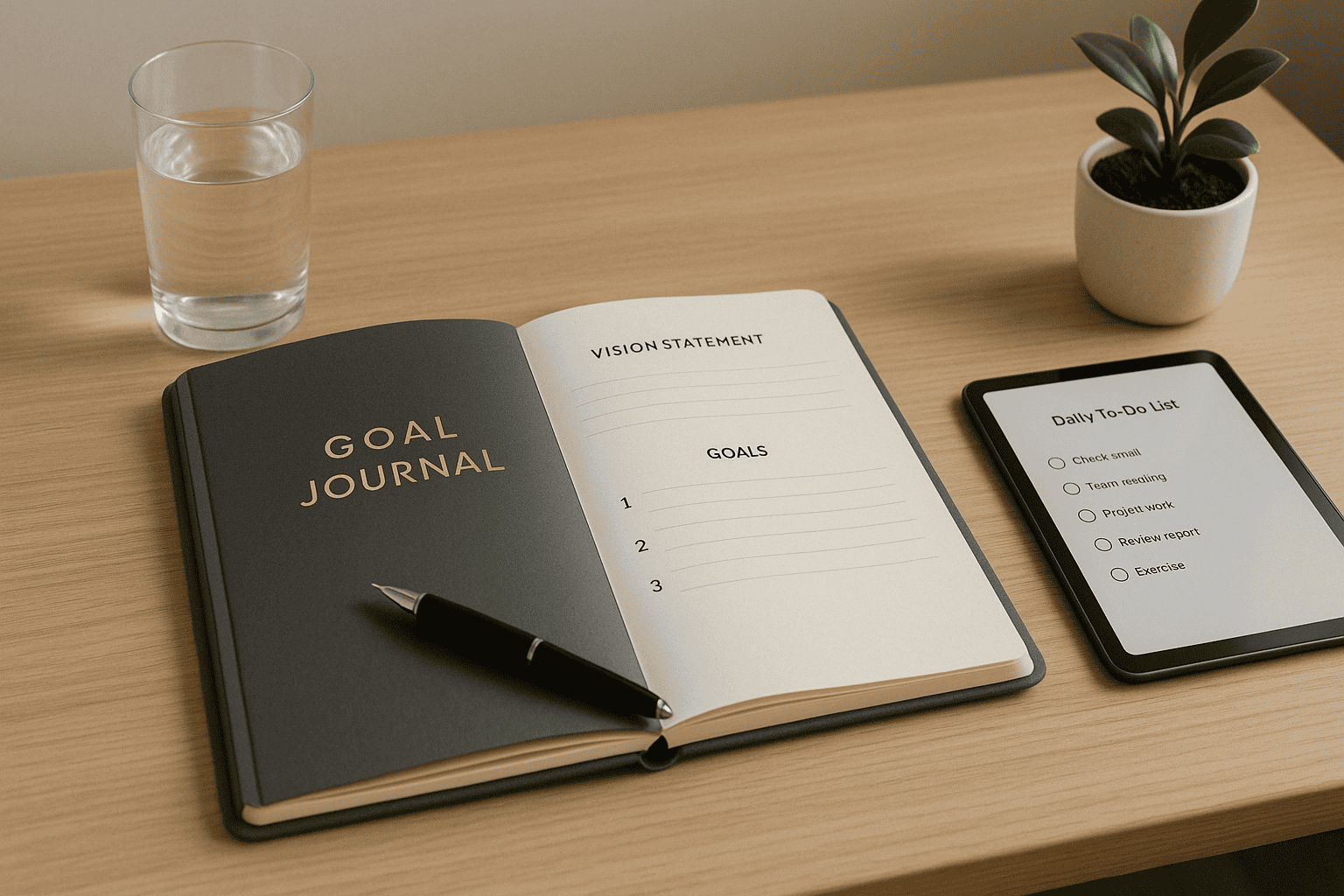 Minimalist workspace with a goal journal, vision statement, tablet checklist, and water glass—ideal for building a focused goal journal routine