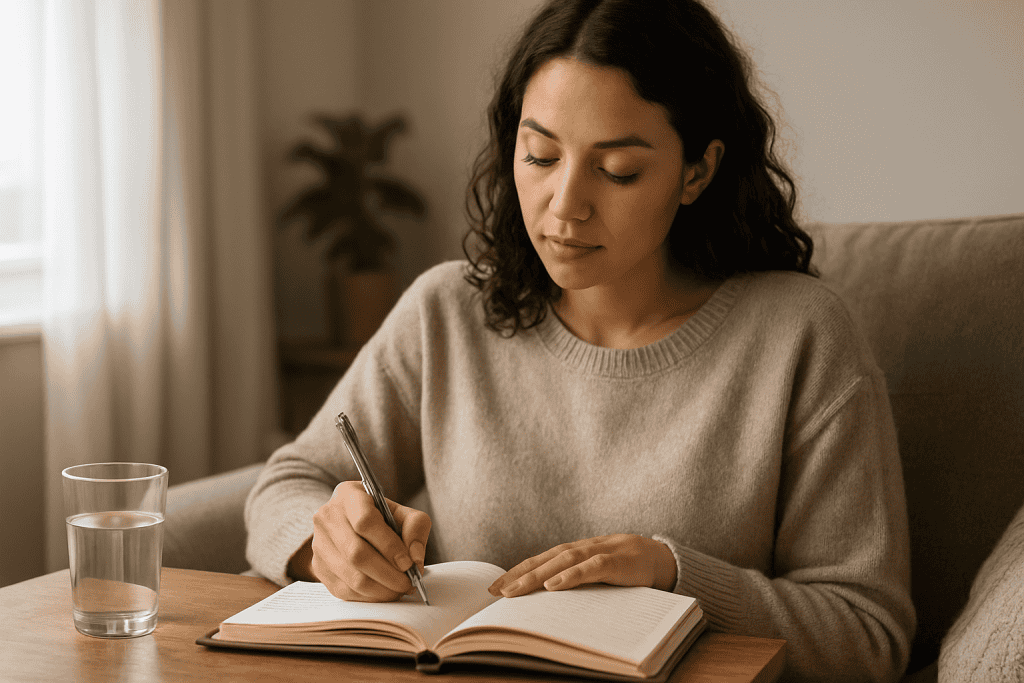 a woman writing in a book coming up with journaling ideas for her new journaling practice. 
