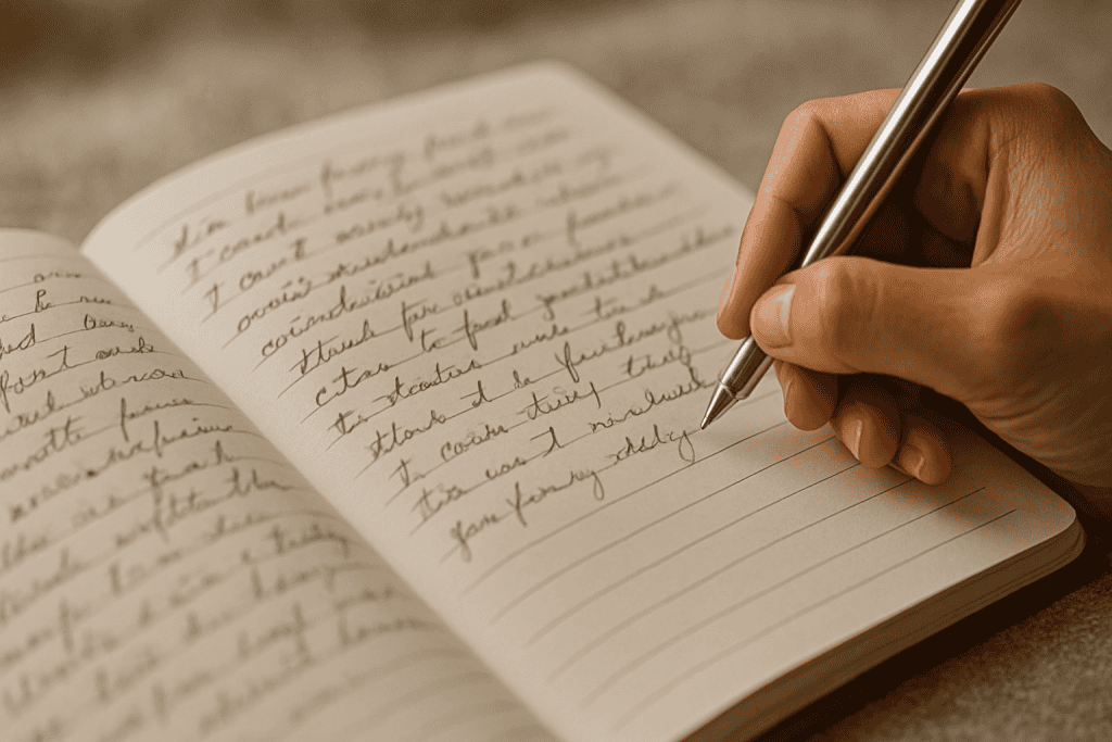 a hand expressive writing on a desk in a journal. Using a silver pen. 