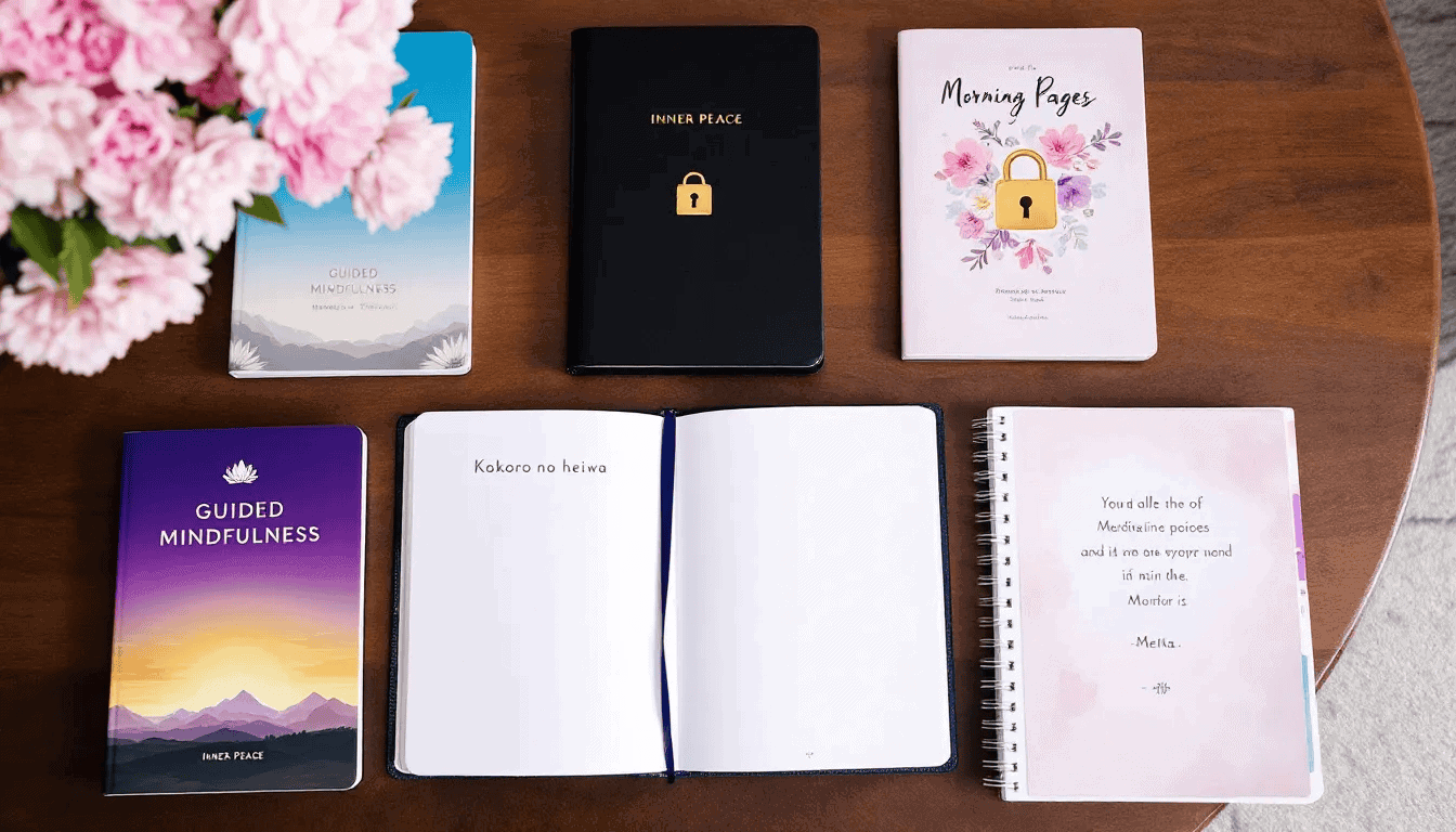 A variety of meditation journals are displayed on a table, including guided meditation journals and blank ones, all featuring vibrant covers. These meditation sidekick journals serve as helpful tools for mindfulness practice, encouraging self-awareness and reflection.