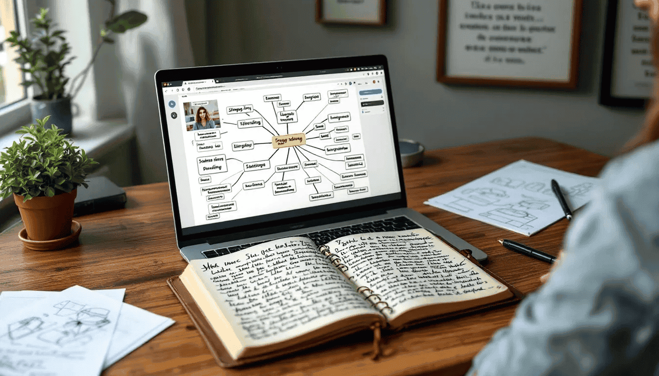 A person is seated at a desk, journaling with a laptop and notebook open, symbolizing strategic reflection and personal growth as a high-agency generalist. This image reflects the process of developing diverse skills and the ability to adapt in various industries, highlighting the benefits of being a generalist in achieving business success.