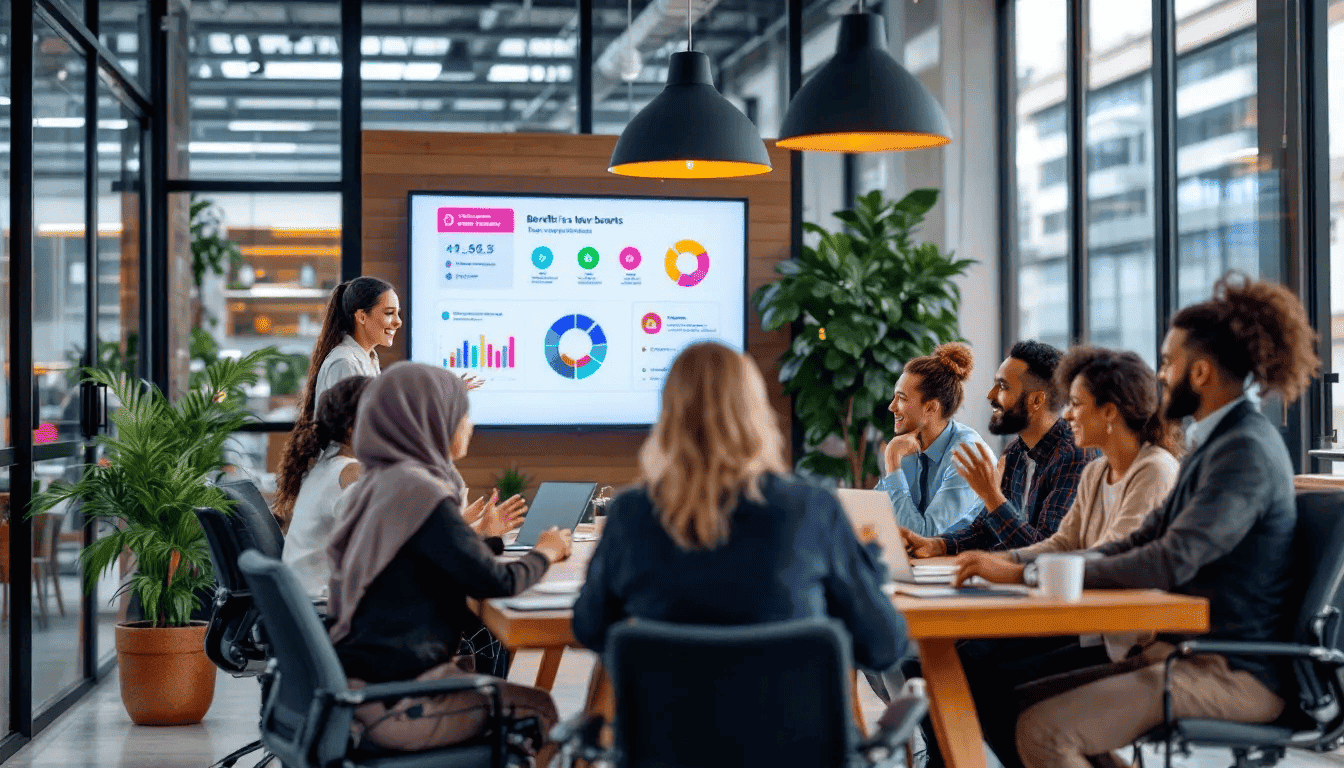 In a modern workplace, a diverse team collaborates across various departments, showcasing the benefits of generalist recruitment agencies in fostering innovation and business success. The image emphasizes the value of hiring high-quality candidates with a broad range of skills and experiences, essential for adapting to dynamic environments.