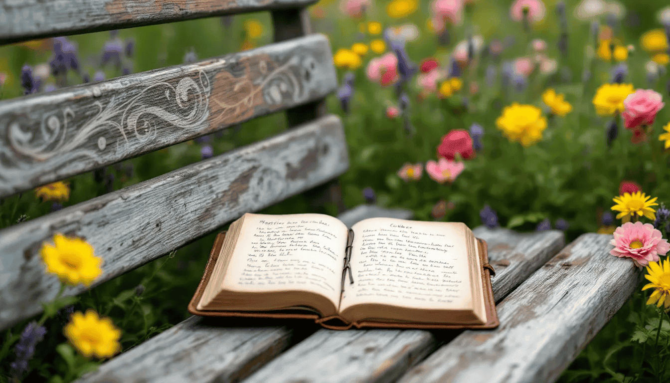 An open nature journal rests on a wooden bench, featuring colorful painted flowers and handwritten notes about seasonal changes, inviting you to explore nature and observe the details of the natural world. The pages reflect creativity and a love for journaling, capturing the joy of documenting life and the beauty of plants and wildlife.