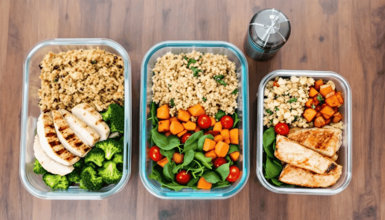 The image features healthy meal prep containers filled with balanced portions of protein, vegetables, and grains, ideal for supporting weight loss goals and promoting healthy eating habits. Each container showcases a variety of colorful foods, making meal planning enjoyable and visually appealing.
