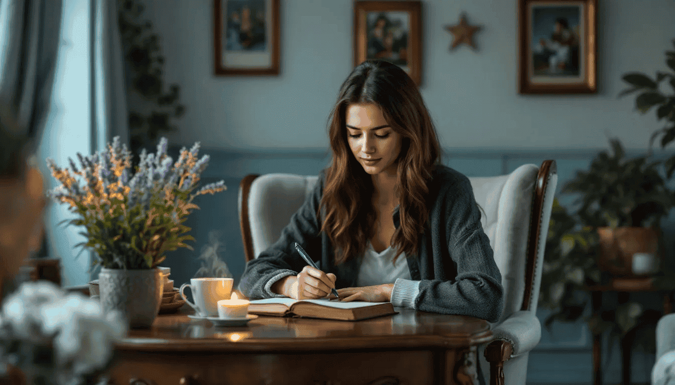 A person sits at a cozy desk, writing in a self care journal while enjoying a cup of tea, surrounded by soft lighting that creates a warm atmosphere, symbolizing the start of their self care journey. This scene reflects the importance of self reflection and prioritizing self care for overall well-being.