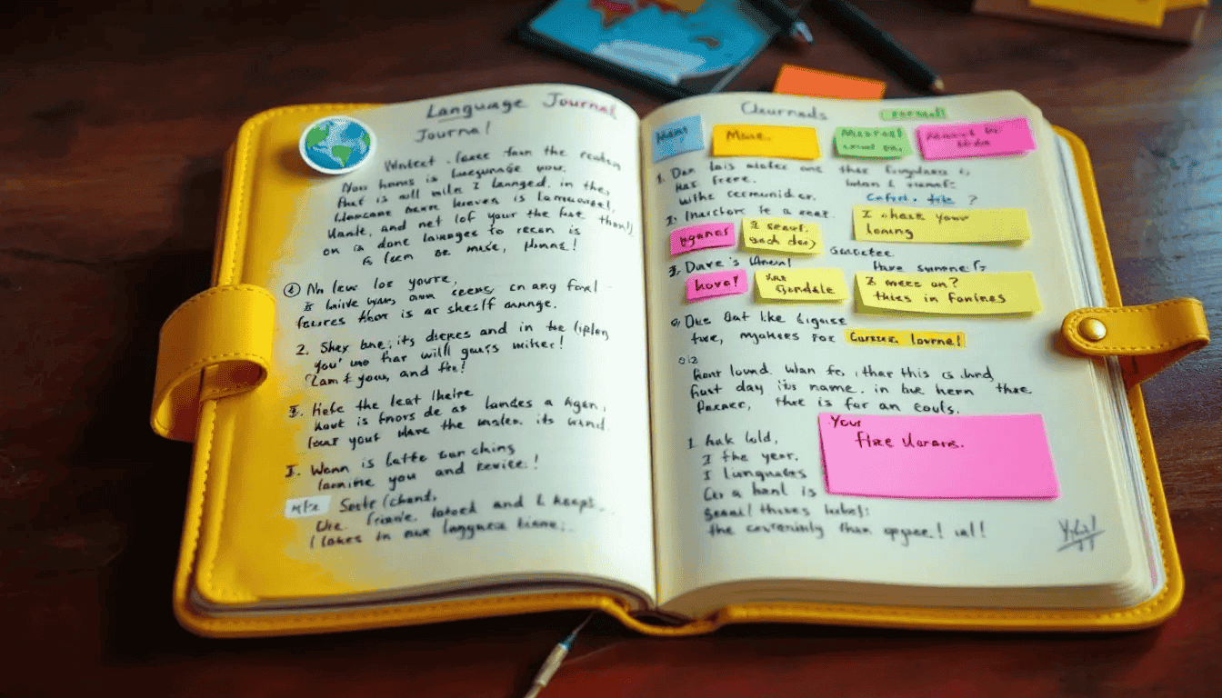 A completed language learning journal showcases highlighted sections and sticky notes, representing the progress made in mastering a new language. This visual symbolizes effective study tracking and the journey of enhancing language skills through various resources and methods.