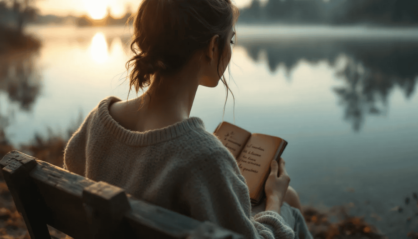 A person sits peacefully at sunrise, writing in their journal, reflecting on memories and emotions to foster self-awareness and clarity. This morning journaling practice serves as a helpful tool for personal development and encourages positive changes in daily life.