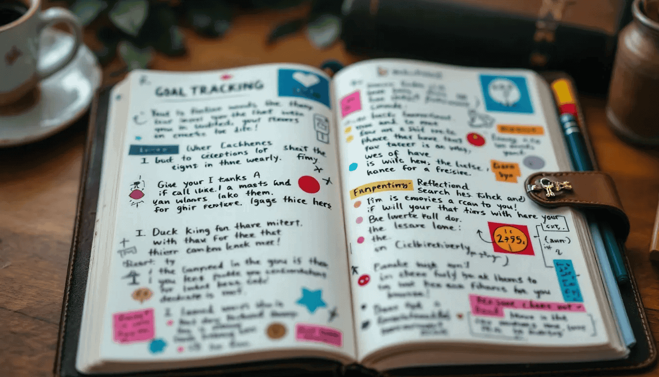 The image depicts completed pages from a goal tracking journal, showcasing achieved milestones and reflective summaries, emphasizing the progress made throughout the year. This great tool encourages motivation and provides a structured space for writing about successes and strategies, making it perfect for anyone looking to track their journey and create positive habits.