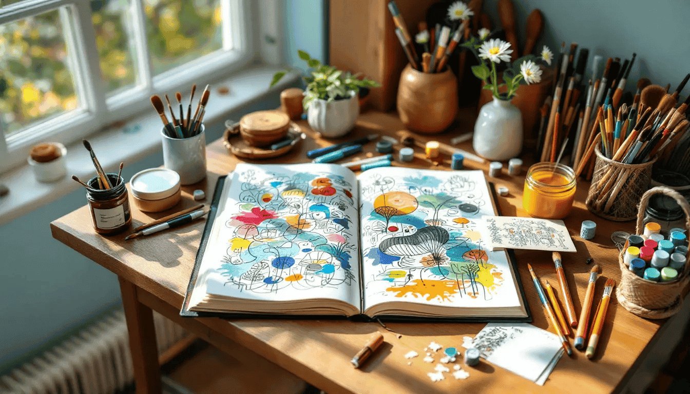 A cozy workspace features an open art journal page surrounded by various art supplies, including brushes, paints, and markers, inviting a sense of creativity and self-expression. The scene reflects a warm atmosphere perfect for art journaling and exploring unique artistic techniques.