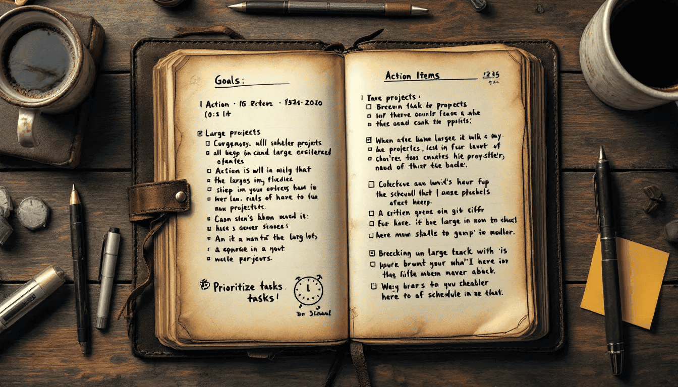 An open journal lies on a wooden surface, filled with handwritten notes and goal-setting strategies for project management. The pages are filled with detailed ideas, progress logs, and reflections, showcasing the benefits of journaling to stay organized and focused on future projects.