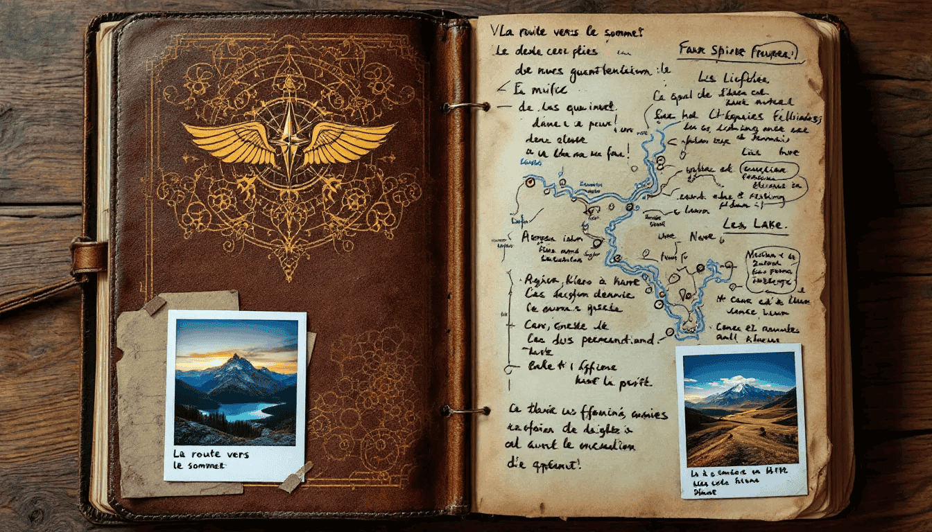 An adventure journal filled with vibrant photos, handwritten notes, and detailed maps, showcasing captured outdoor memories and personal reflections from various trips, illustrating the joy of planning future adventures. The pages are filled with stories and packing lists that invite exploration and nostalgia.