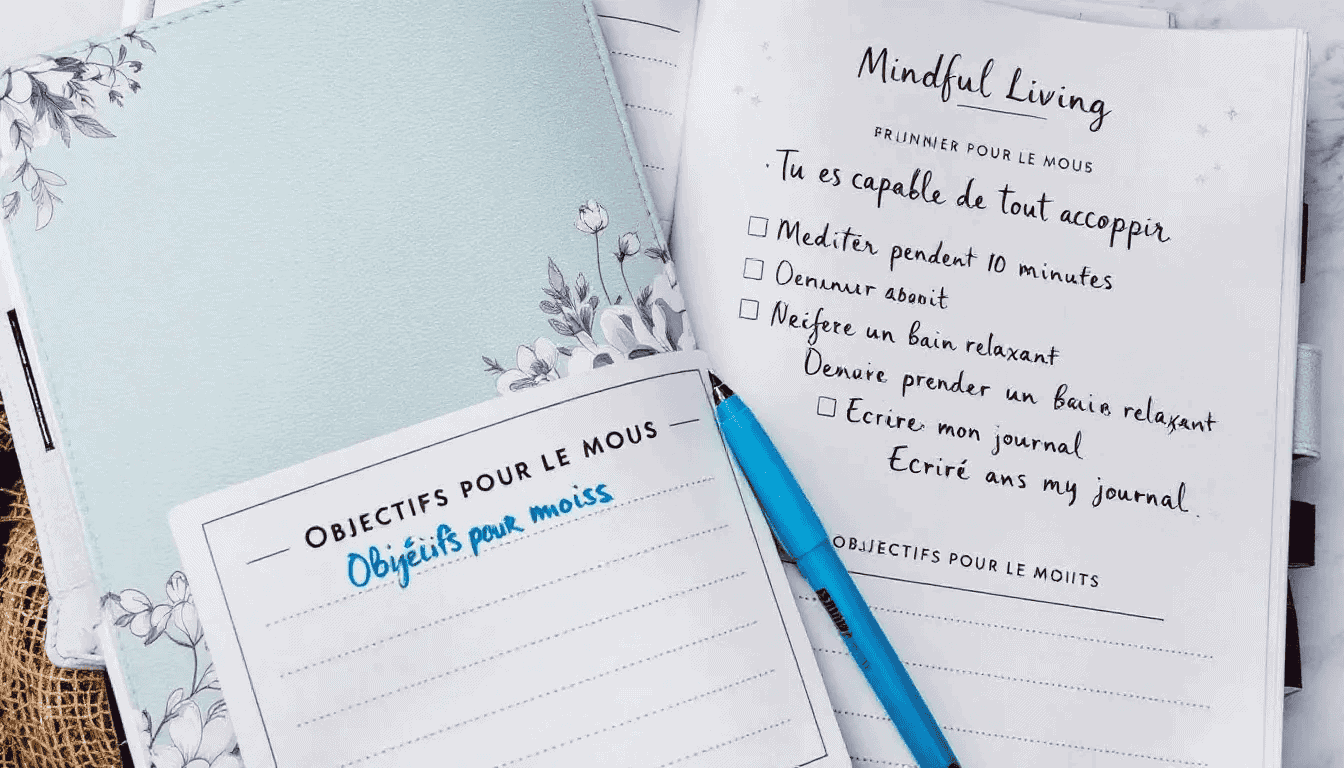 An open self-care planner displays daily affirmations and to-do lists, designed to promote self care and personal growth through journaling. The pages encourage self reflection and emotional health, helping users to create a balanced life and achieve their personal goals.