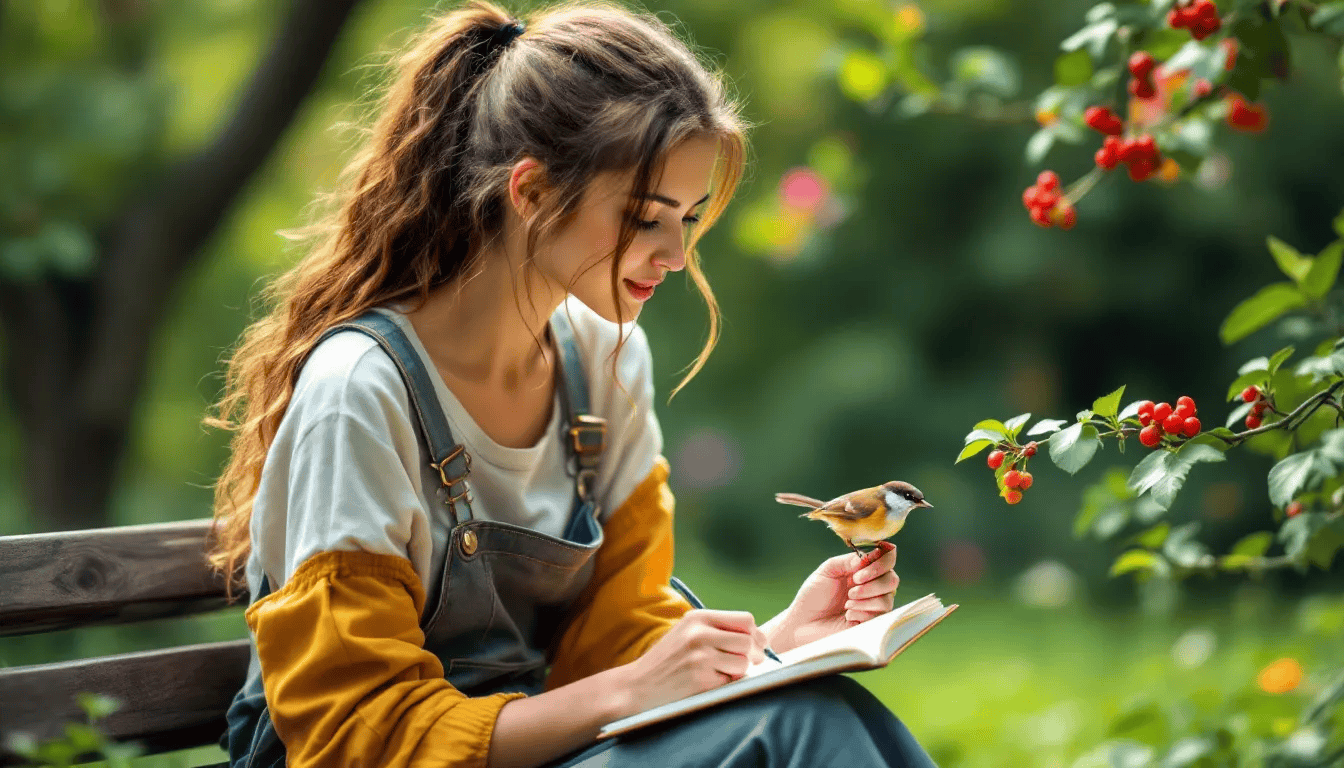 A young woman sits in a serene park, deeply focused on drawing in her nature journal while observing a bird nearby. The scene captures her connection to the natural world, showcasing her creativity and love for nature journaling.
