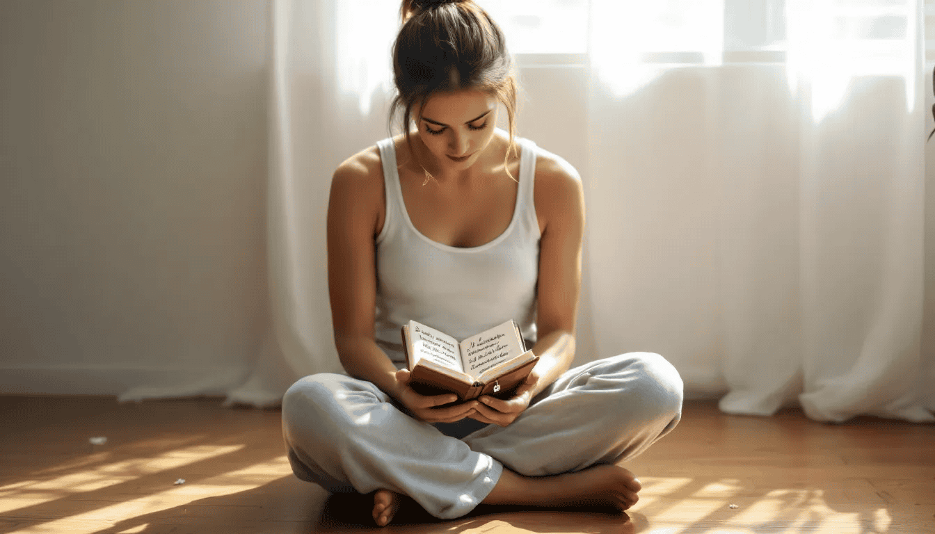 A person sits quietly in the morning light, writing in a small notebook, reflecting on their thoughts and ideas as part of their daily bullet journaling practice. The scene captures the simplicity and beauty of journaling, with a pen in hand, creating a space for hope and creativity on the blank pages.