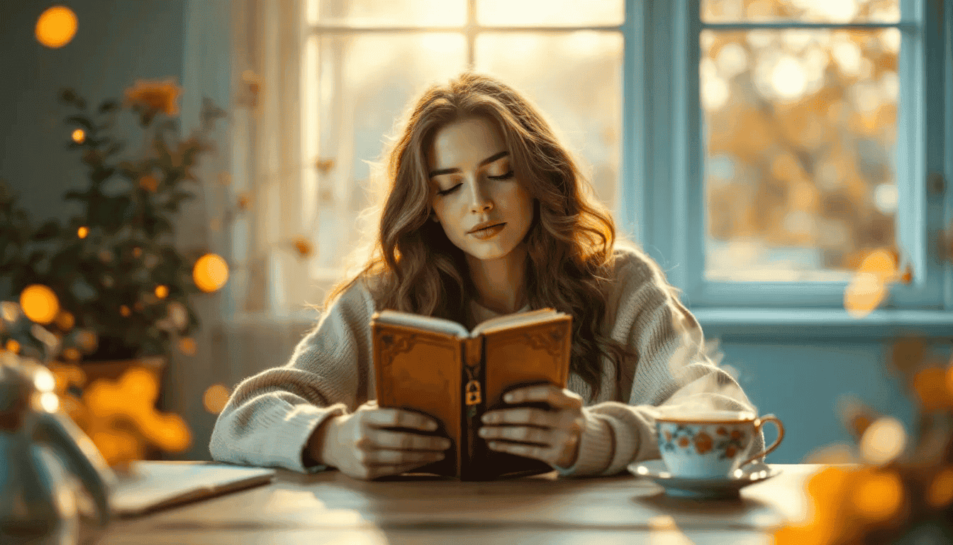 A person sits at a desk, engaged in self-help journaling with a self-help journal open in front of them, while holding a cup of tea. This scene promotes self-reflection and emotional health, as they practice self-discovery and gain clarity through their journaling practice.