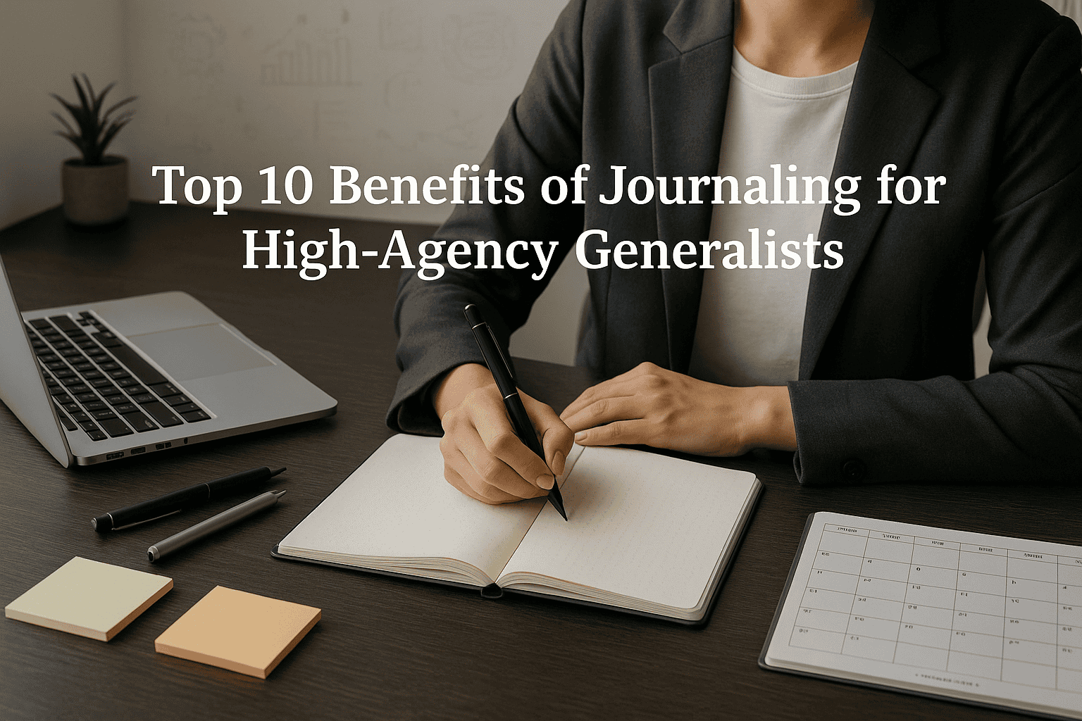 Person journaling at a modern desk with a laptop, pens, and planner—visually representing the benefits of being a High-Agency Generalist through strategic writing, organization, and intentional planning.