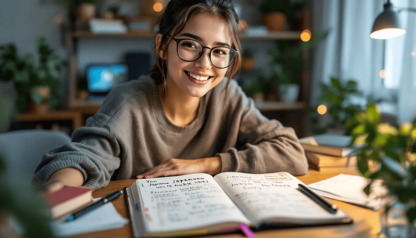 A smiling learner is engaged with a mobile language learning app, jotting down notes in a language journal to track their progress in mastering a new language. The scene captures the essence of language learning, highlighting the combination of technology and personal reflection in developing language skills.