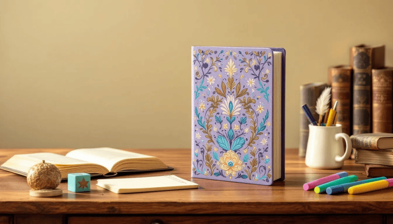A personalized reading journal with a beautifully artistic cover design, featuring gold foil accents, is placed among various books and stationery, representing a creative method to track reading habits and log book reviews. The scene conveys an inviting atmosphere for exploring and documenting reading experiences.
