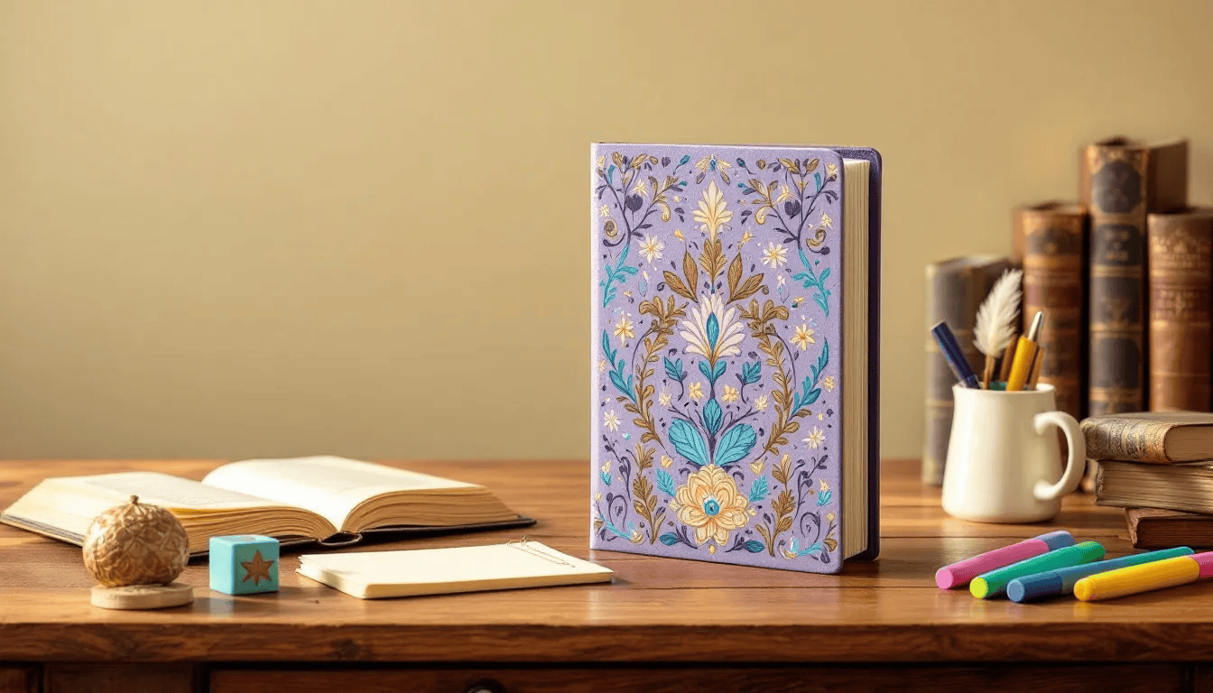 A personalized reading journal with a beautifully artistic cover design, featuring gold foil accents, is placed among various books and stationery, representing a creative method to track reading habits and log book reviews. The scene conveys an inviting atmosphere for exploring and documenting reading experiences.