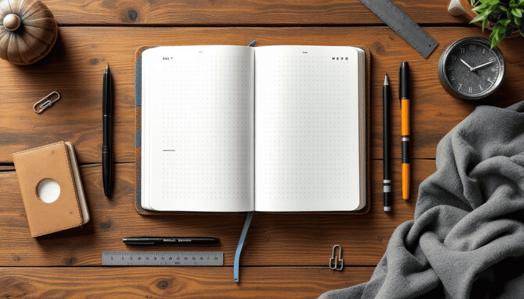 A flat lay image shows a minimalist bullet journal in a pocket notebook placed on a wooden desk, surrounded by colorful pens and various productivity tools, highlighting the compact nature of bullet journaling for on-the-go organization and daily planning. The scene captures the essence of a complete journaling experience, featuring dotted lines and date-related stickers for effective task management.