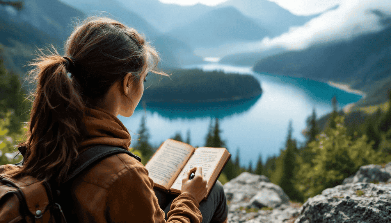 A traveler sits on a scenic journey, using a pocket-sized journal to jot down thoughts and ideas, capturing inspiration effortlessly. The leather cover and compact design make it the perfect everyday carry companion for busy professionals seeking to document their experiences on the go.