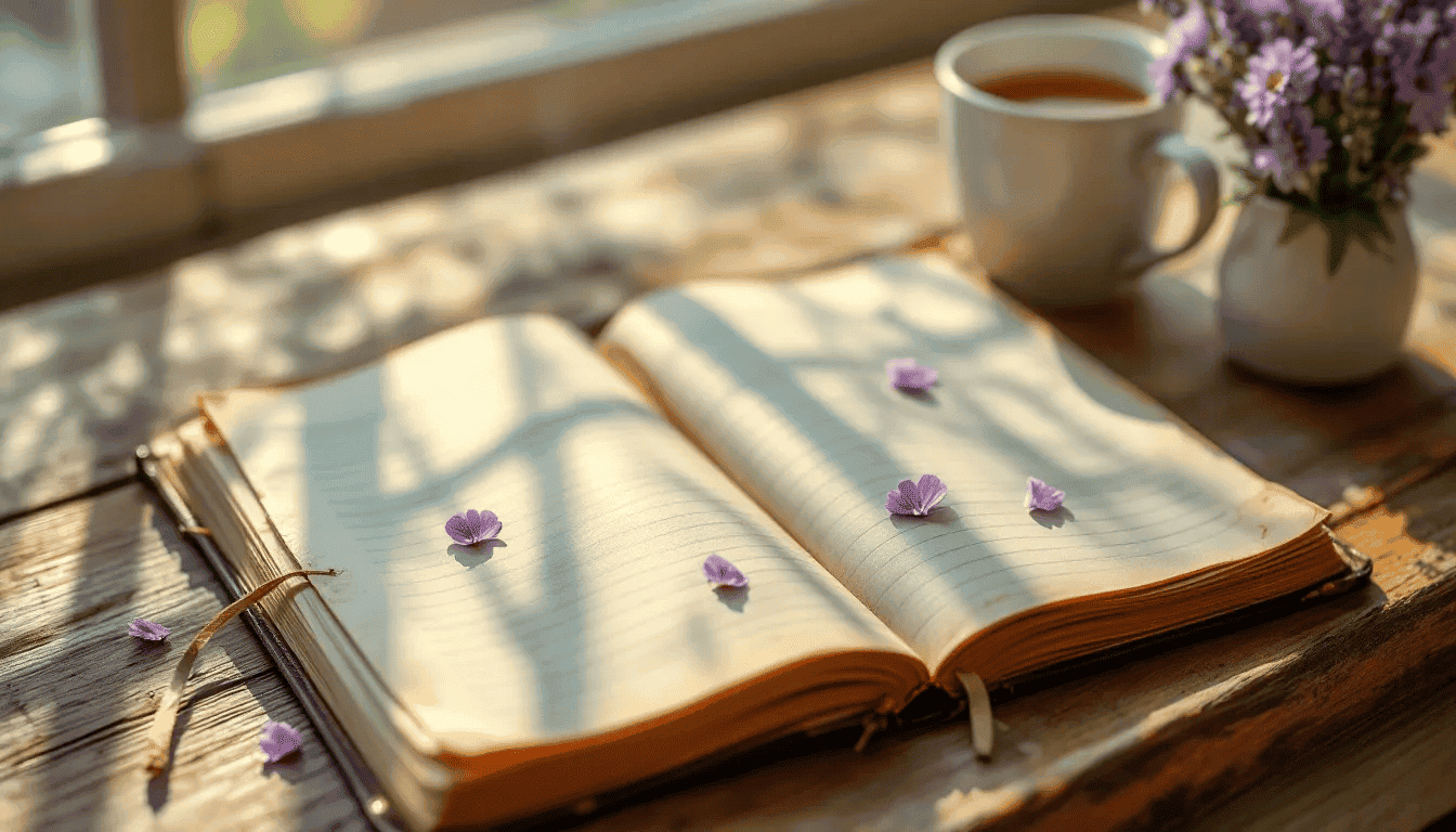 A closed self care journal is placed beside a steaming cup of herbal tea and a blooming flower, creating a peaceful atmosphere that highlights the importance of self care journaling for promoting well-being and self-reflection. This serene setting invites individuals to engage in their journaling practice, fostering a sense of calm and mindfulness.