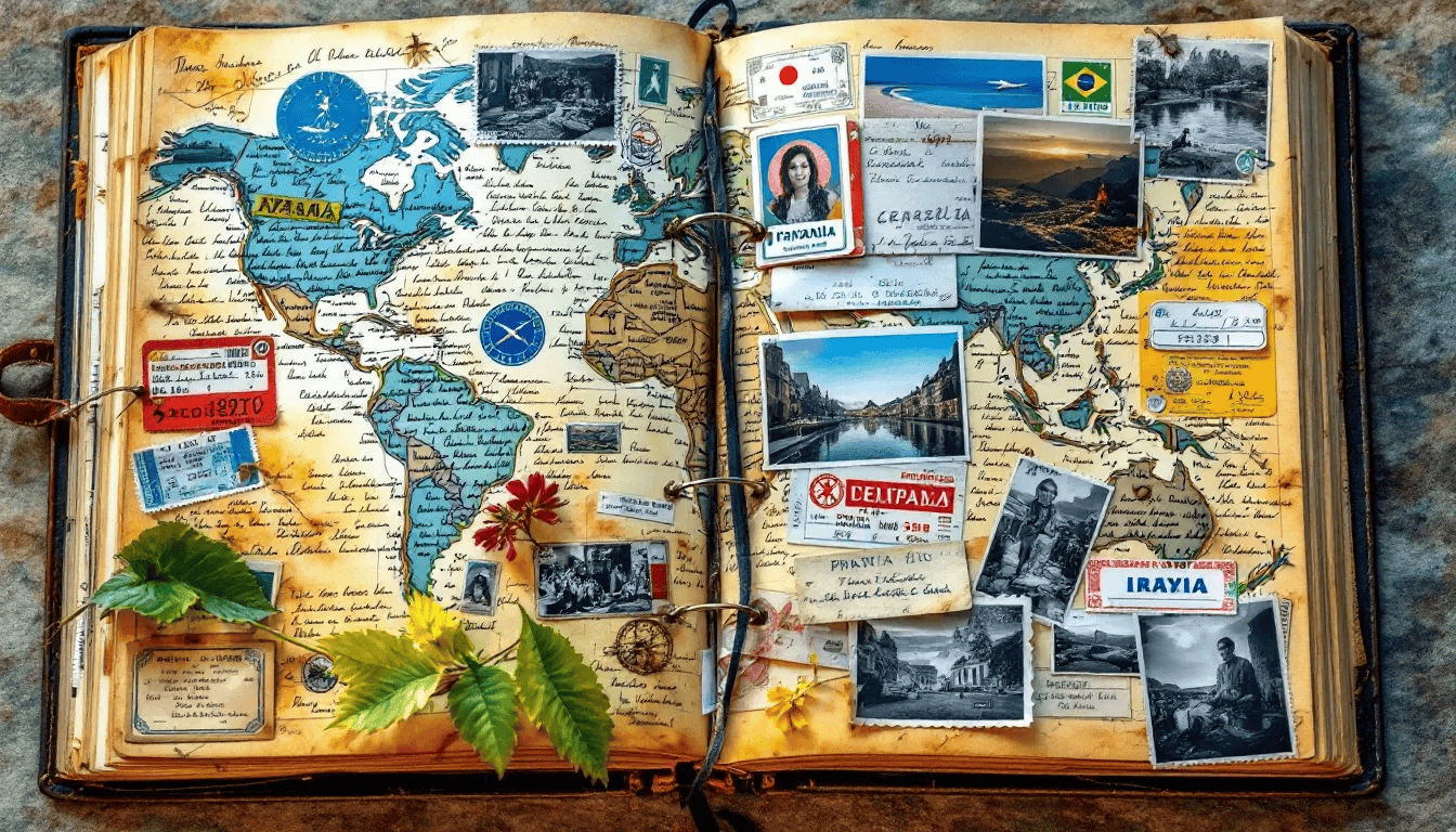 An open travel journal lies on a table, filled with handwritten notes, colorful photos, and ticket stubs, showcasing a well-documented journey filled with travel memories and adventures. The smooth paper and lined pages invite the traveler to continue recording their experiences and inspirations from their trips.