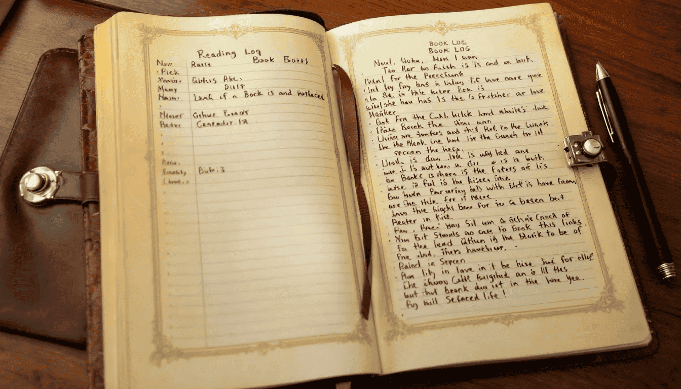 An open reading journal showcases a neatly organized book log filled with titles, authors, and personal notes, emphasizing the benefits of structured reading documentation. The pages reflect a thoughtful approach to tracking books read throughout the year, inviting users to explore their reading habits and reviews.