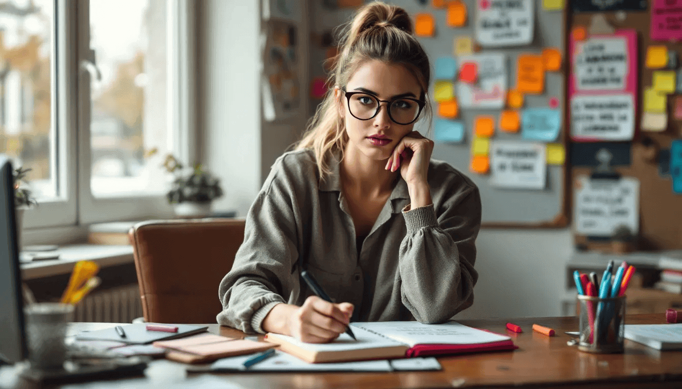 A person is seated at a desk, writing in a goal tracking journal, while surrounded by motivational quotes and various planning materials, creating a focused space for their journey towards success in the new year. This scene captures the essence of using a great tool for tracking progress and setting goals, emphasizing the importance of motivation and thoughtful planning in achieving personal aspirations.