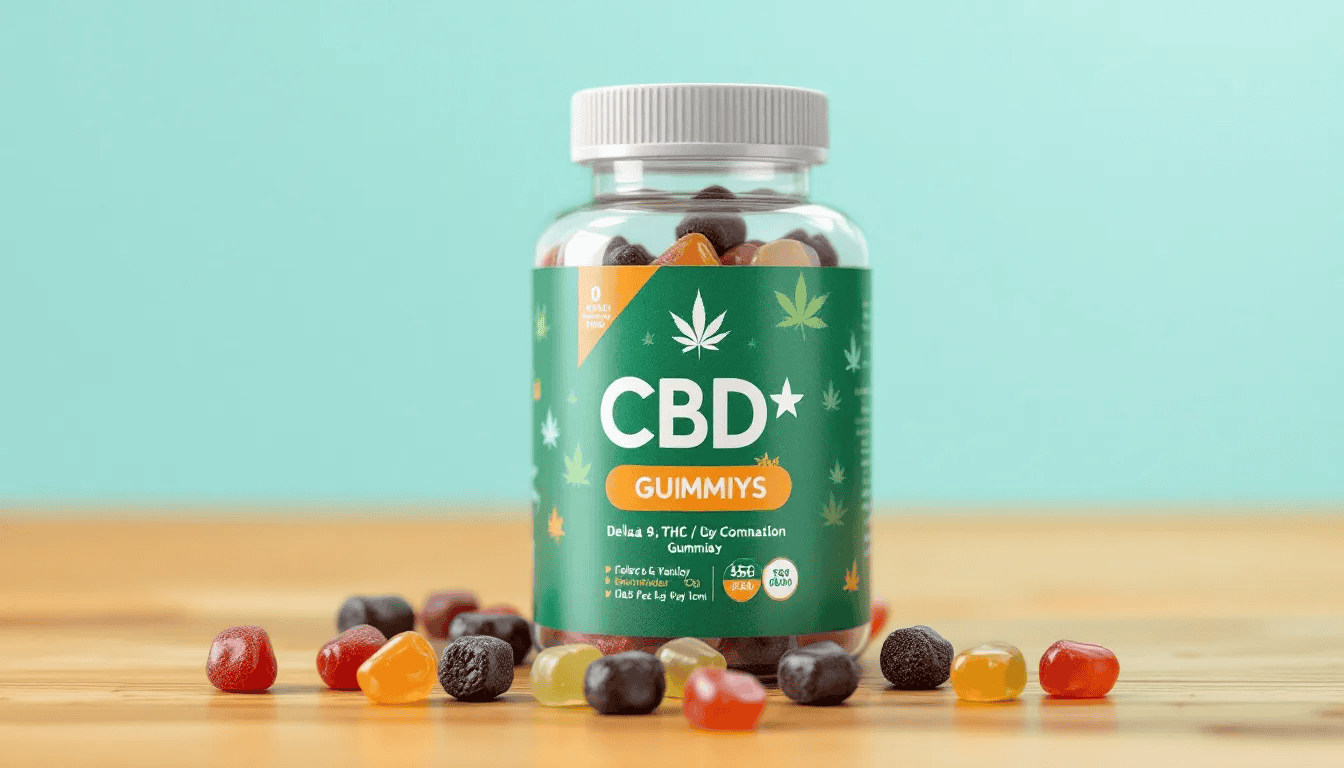 An organized display features colorful CBD and Delta 9 THC gummies in labeled packaging, highlighting third-party tested ingredients and their mood support benefits. The gummies, offered in various flavors, promote relaxation and stress relief, providing an enjoyable experience for those seeking mood improvement.