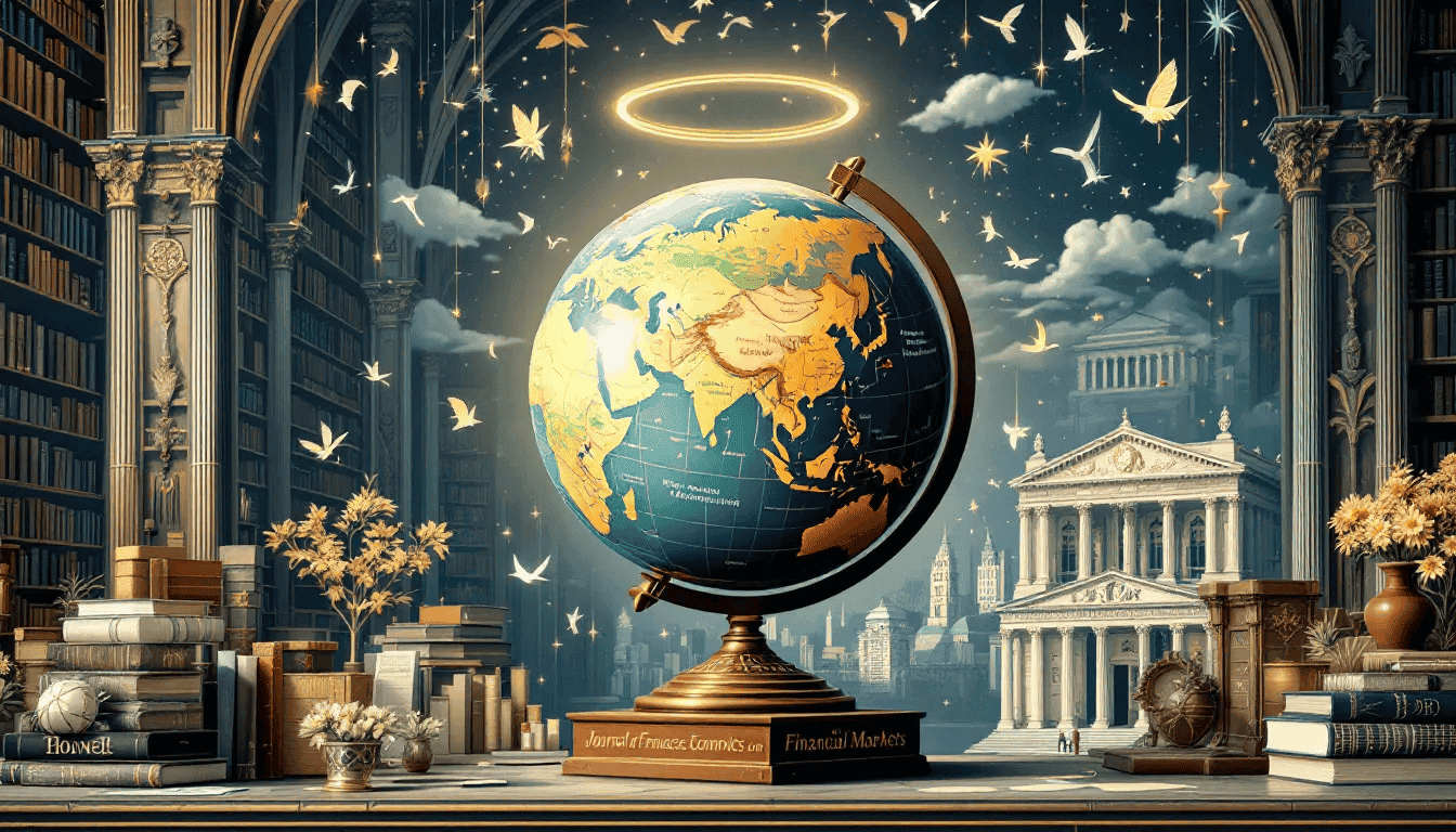 An illustration depicting the global financial markets and institutions, highlighting the role of the American Finance Association as a premier academic organization devoted to publishing leading research in financial economics. The image symbolizes the extensive coverage and access to full text articles in widely cited journals, promoting knowledge among finance professionals and researchers worldwide.