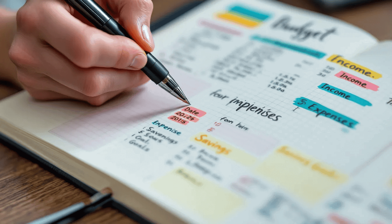 A hand is writing down monthly expenses in a bullet journal budget tracker, featuring neat headers and color-coded sections to help manage personal finances effectively. This organized layout assists in tracking spending habits and achieving financial goals.