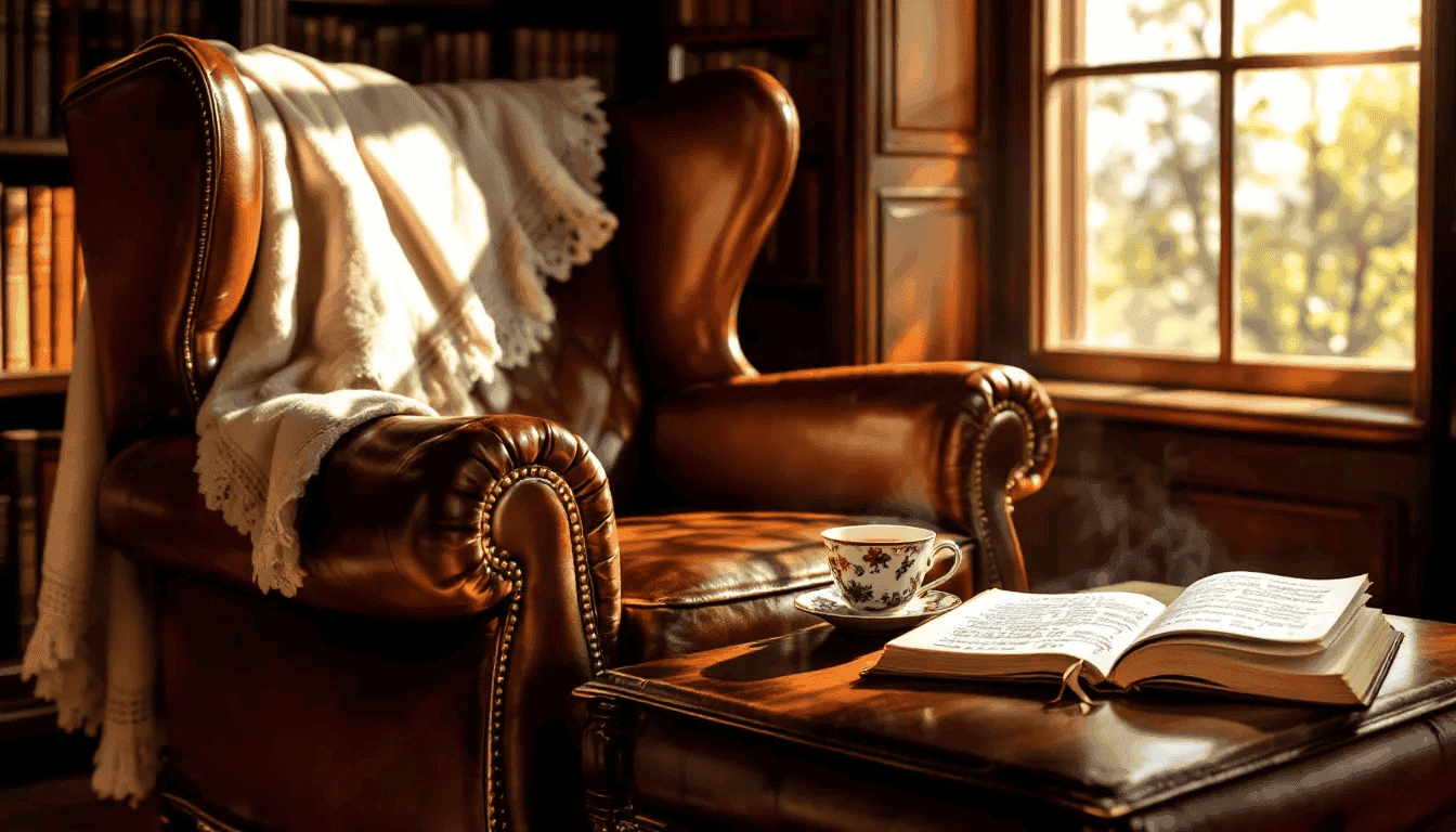 A cozy reading nook features a plush chair, a steaming cup of tea, and a stack of books next to an open journal filled with handwritten notes and reflections. The warm ambiance invites you to explore reading journals, track your book reviews, and log your thoughts on completed reads.