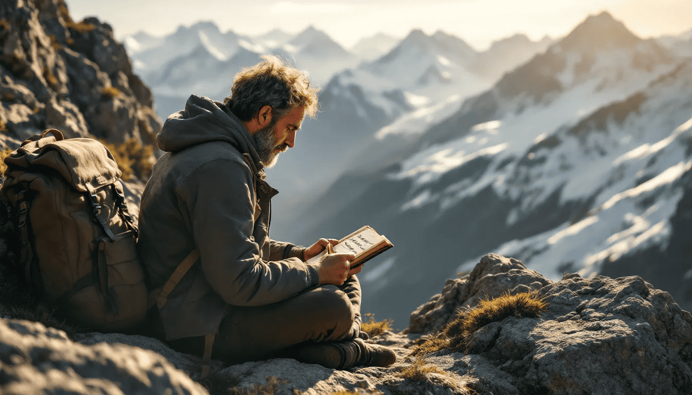 A traveler sits at the edge of a scenic overlook, writing in a travel journal filled with lined pages, capturing memories and reflections of their journey against a stunning mountain backdrop. The scene evokes a sense of adventure and inspiration, as the traveler documents their experiences and plans for future trips.