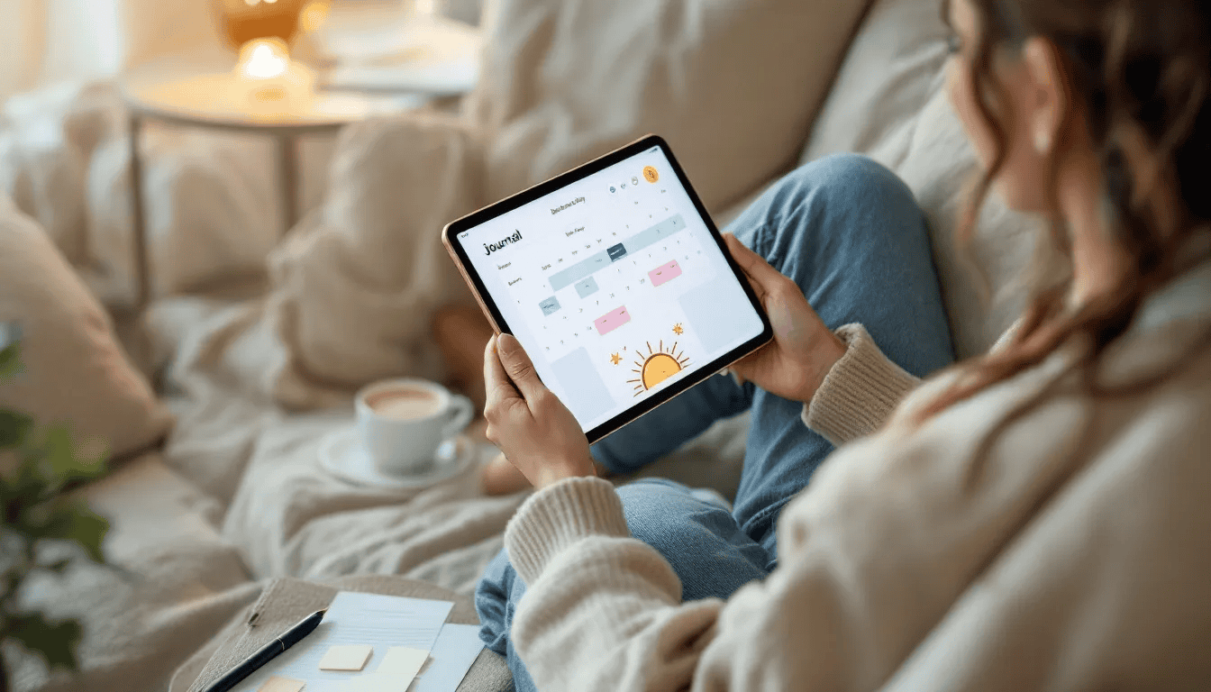 A person is using a digital diary app on their phone to write journal entries about their feelings and daily experiences, reflecting on their mental health journey. The screen displays colorful text and organized notes, showcasing the app's features for tracking emotions and memories.