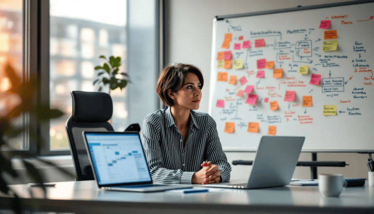 In a modern office setting, a professional high-agency generalist is focused on managing a cross-functional marketing strategy using a laptop and a whiteboard filled with ideas and project plans. This scene exemplifies the collaboration and deep expertise required in a marketing agency to successfully engage clients and develop effective strategies.