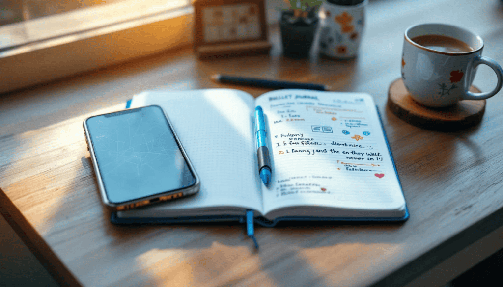 A bullet journal pocket notebook sits next to a smartphone and a coffee mug, representing a compact and portable tool for daily journaling and goal setting. The scene emphasizes productive routines and intentional living, inviting the viewer to capture thoughts and tasks in a structured way.