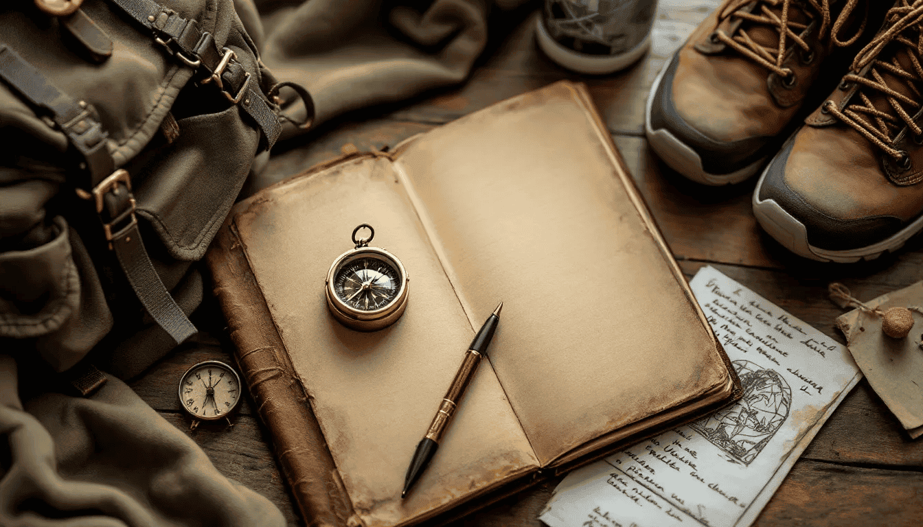 A flat lay image showcases a travel journal alongside a compass and various hiking gear, symbolizing the excitement of starting an adventure. The journal's pages are filled with packing lists and stories, reflecting the joy of planning trips and the details that make each adventure unique.