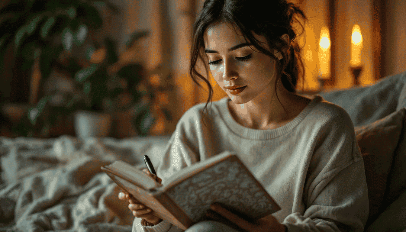 A person is engaged in journaling for increased mindfulness, writing a gratitude list in a beautifully designed mindfulness journal. This journaling practice illustrates how everyday entries can enhance emotional health and promote greater self-awareness, ultimately contributing to personal growth and a sense of inner peace.